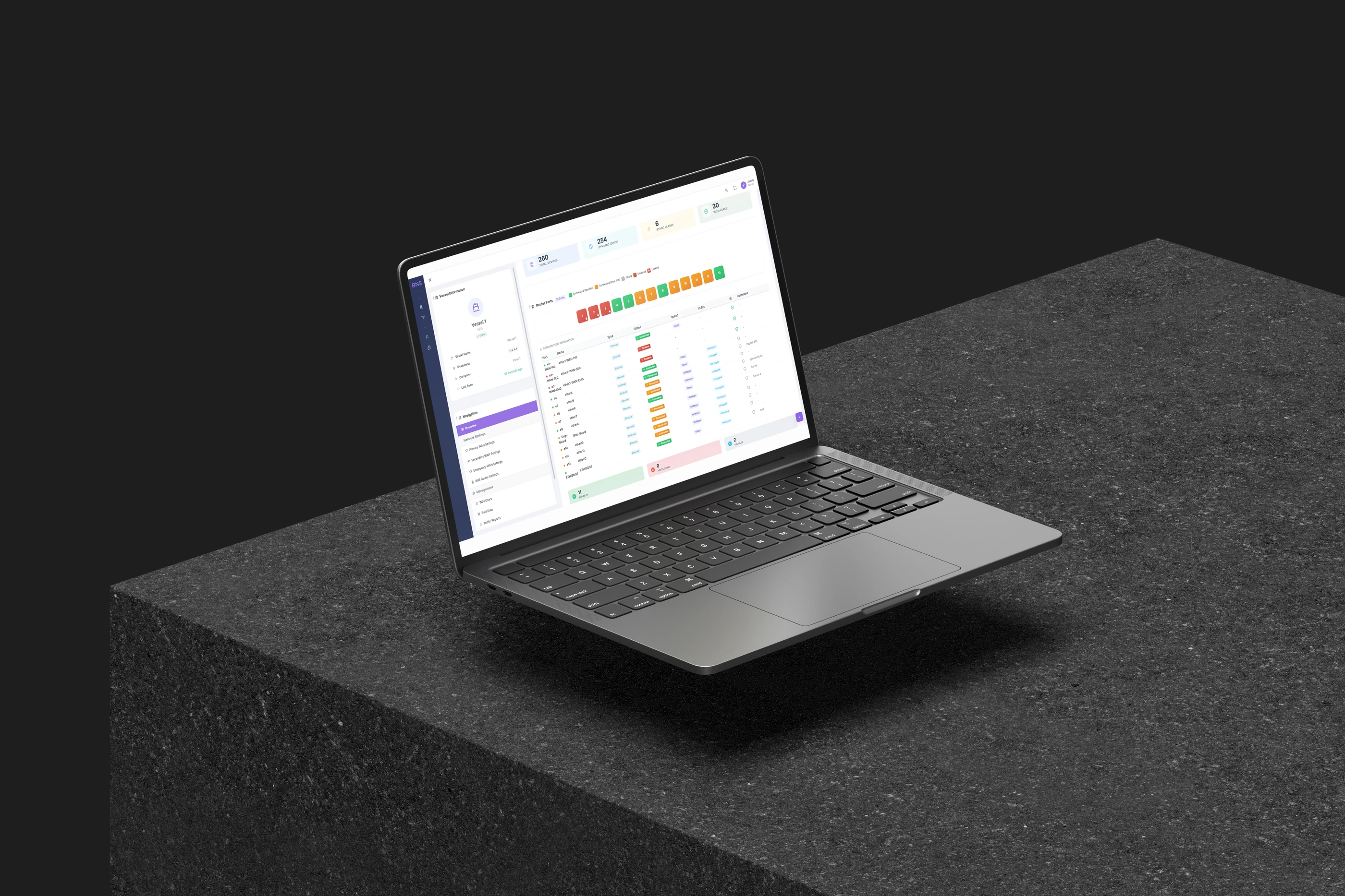 BNS support dashboard shown on a laptop